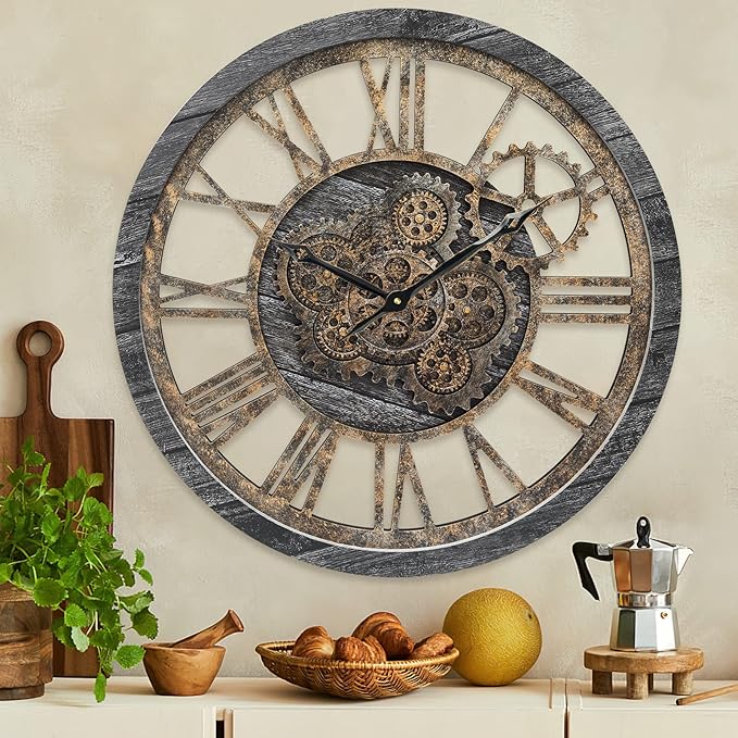 HOIBAI Wall Clock, Large Wall Clocks for Living Room Decor 18 Inch Battery Operated Silent Non-Ticking Modern Farmhouse Vintage Roman Big Wall Clock for Home Bedroom House Office, Moving Gears Clock