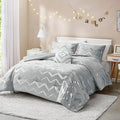 Codi Grey Queen Comforter Set, Silver Print Bedding Sets for Queen Size Bed - 4 Piece includes 1 Queen/Full Comforter with 1 Decorative Pillow and 2 Pillow Cases - All Season Warm