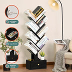 8 Tier Tree Bookshelf with Drawer, Free Standing Wood Bookcase for Living Room, Bedroom, Home Office, Space Saving Storage Organizer Bookshelves for Books, CDs, Vinyl Records- Black