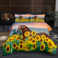 NINENINE Horse Comforter Bedding Set Full for Boys Teens,Horse Walking Among Sunflowers Pattern Printed Bedding Set,Sunflower Comforter Set,Soft Microfiber Quilt Set with Matching Pillowcase#5002
