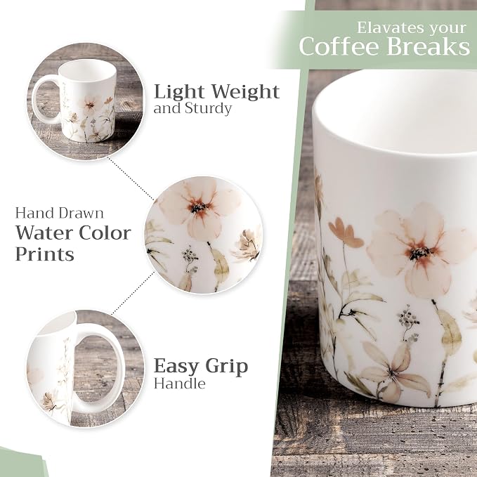 Maison d' Hermine Coffee Mug with Handles Tea Cups (15 Ounce, Pack of 1) | Fine Bone China Coffee Mugs for Hot Beverages Cappuccino Latte Home Hotel Spring Summer -Ice Florals - Romantic Morning