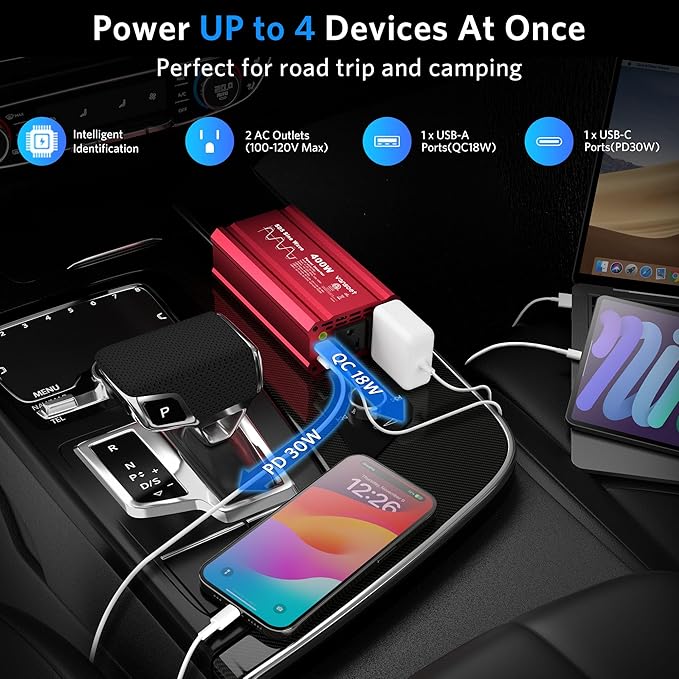 400W Peak Clipped Sine Wave Car Power Inverter DC 12V to AC(2 Outlets) 110V Car Charger Plug Adapter Power Converter with PD3.0 & QC18W Dual USB Charging Ports