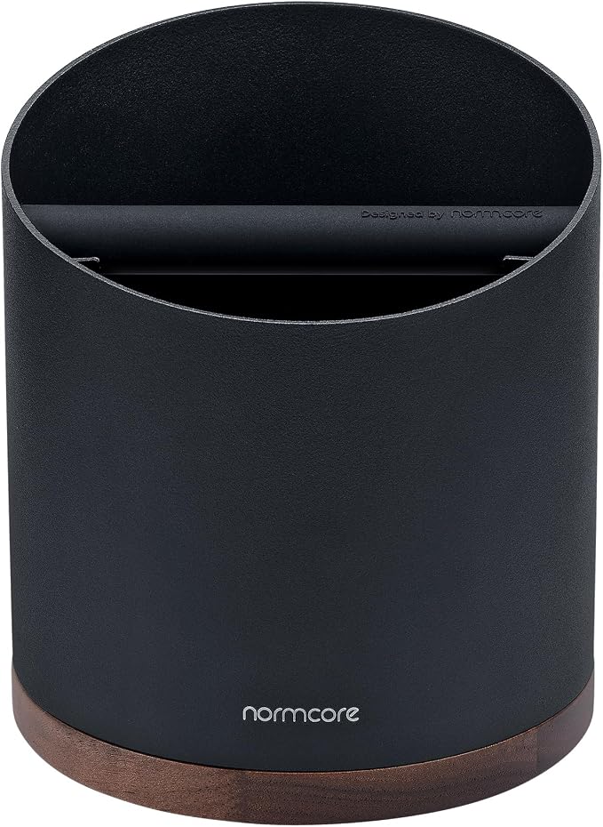 Normcore Espresso Knock Box, 1L Capacity Holds 20-25 Espresso Pucks, Stainless Steel with Walnut Non-Slip Base, Knock Bin For Home Baristas, Black