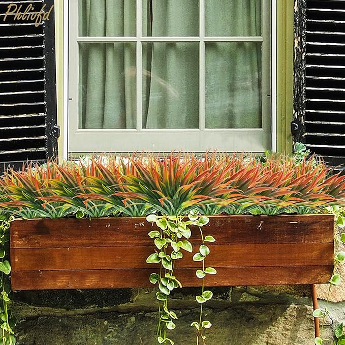 16Pcs Artificial Grass Fake Plants 17.3in Outdoor Plastic Plants UV Resistant Greenery Fake Grass for Home Window Garden Patio Hanging Planter Pathway Front Porch Décor Red