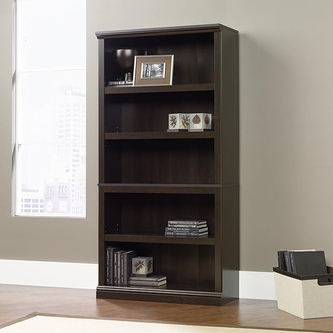 Sauder 5-Shelf Bookcase/ Book shelf, L: 35.28" x W: 13.23" x H: 69.76", Cinnamon Cherry finish