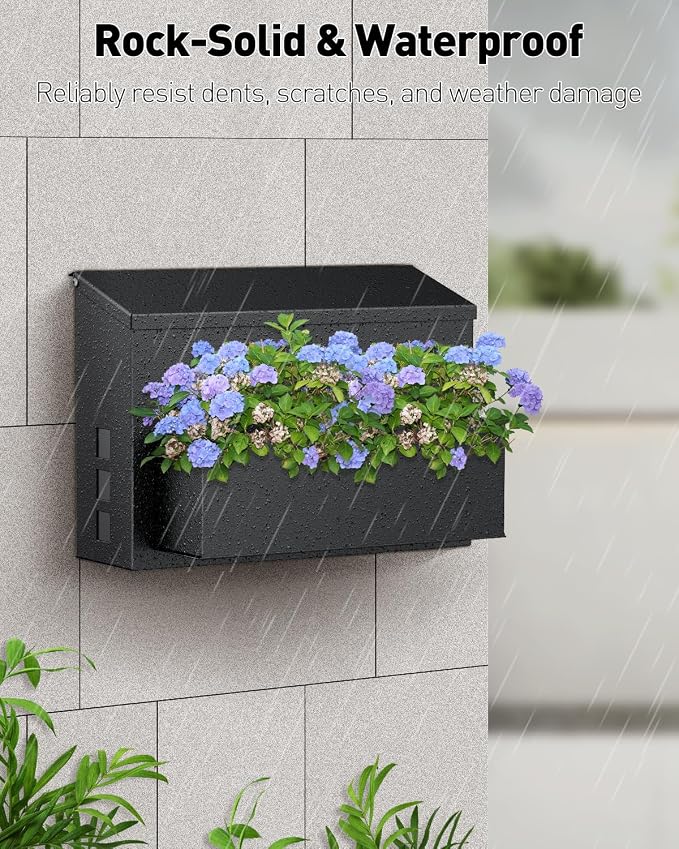 Uniclife Wall Mount Mailbox for Outside, Large Mailbox with Planter, Large Capacity Mail Box for House, Rust-Proof Steel Post Box for Home Office School, Modern Metal Drop Case, Black