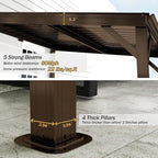 Domi 10'x14' Hardtop Wall Mounted Gazebo, Expandable Lean to Gazebo Pergola with Gutters & Galvanized Steel Roof, 60MPH Wind Resistance Outdoor Heavy Duty Canopy Sun Shade for Patio, Backyard - Brown