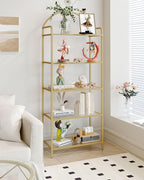 Bookcase Bookshelf, Tempered Glass Bookshelves, Slim Shelving Unit for Bedroom, Bathroom, Home Office, Steel Frame, 5 Tier Gold BC21599G