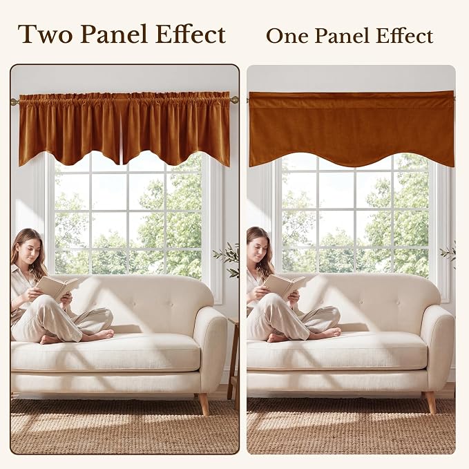 Burnt Orange Fall Decor Window Valance 52x18 Inch 1 Panel | Velvet Wavy Window Treatment for Kitchen, Vibrant Autumn Decoration Short Curtains for Living Room, Bathroom, Basement