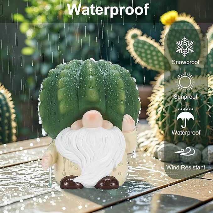Solar Cactus Gnome Statue Garden Decor Light - Outdoor Decorative LED Flower, Suitable for Patio, Lawnand Garden Decorations, Gifts for Mom