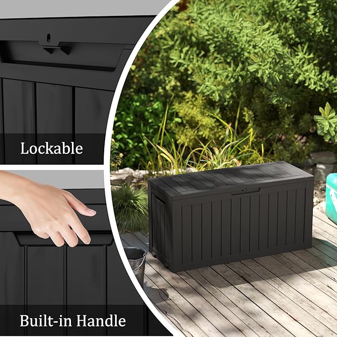 80GAL Black Resin Deck Box - Large Waterproof Storage for Patio Furniture, Pool Floats & Garden Supplies - Lockable, UV-Resistant for Backyards, Pool Decks