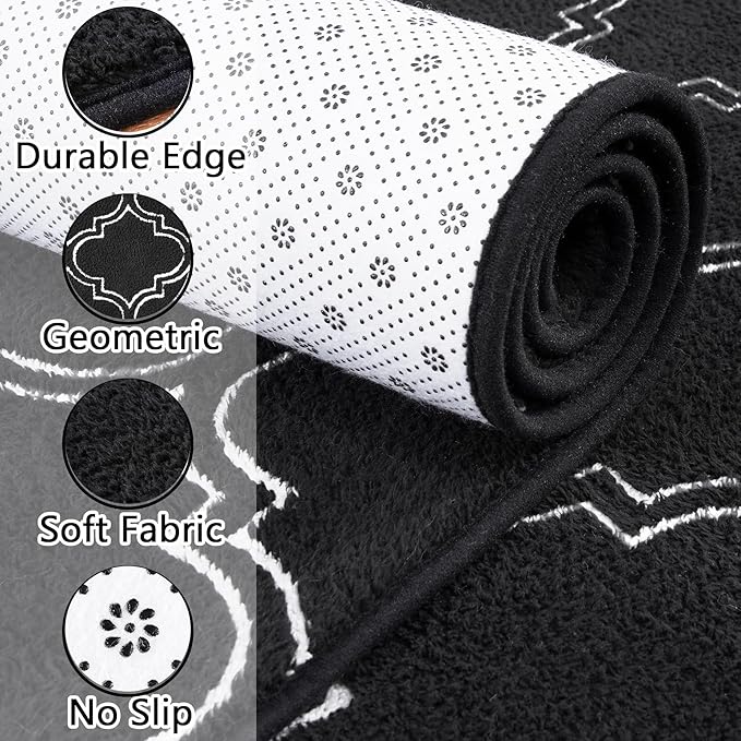 Chicrug Shag Geometric 4x6 Area Rug for Living Room, Large Modern Memory Foam Indoor Carpet, Fluffy Rug for Bedroom Bedside Room Decor for Family Girls Kids Nursery, Black/White
