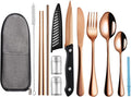 Logcow Travel Utensils Set with Case, 10-Piece Reusable Stainless Steel Camping Cutlery, Portable Fork Spoon Knife Chopsticks & Straw for Work, Lunch, Picnic (Rose Gold)