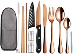 Logcow Travel Utensils Set with Case, 10-Piece Reusable Stainless Steel Camping Cutlery, Portable Fork Spoon Knife Chopsticks & Straw for Work, Lunch, Picnic (Rose Gold)