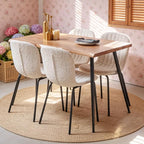 Rectangle Dining Table Set for 4 with White Boucle Chairs | 5-Piece Mid-Century Modern Set, Irregular MDF Table, Wood Grain, Space-Saving for Small Spaces, Dining Rooms, Easy Assembly