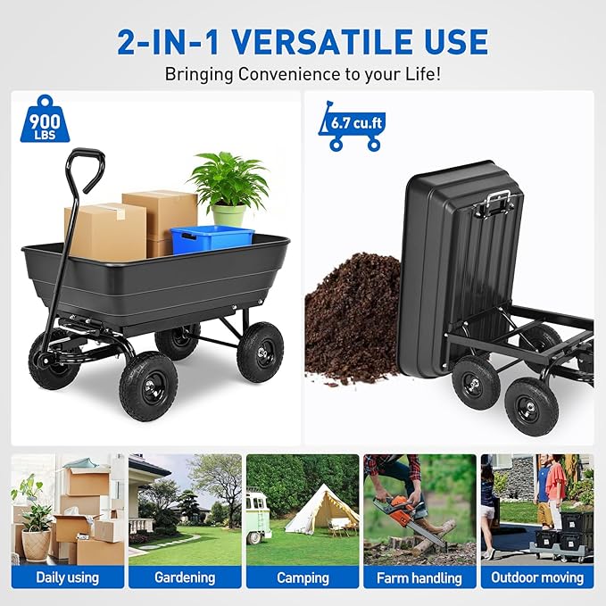 Yesker Garden Carts - 900lbs Dump Wagon with All Terrain Inflatable Wheels for Yard Lawn Farms Gardening - Heavy Duty Utility Outdoor Hauling Wheelbarrow