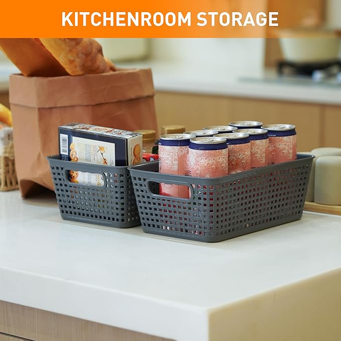 Plastic Storage Baskets With Lid, Storage Bins for Organizing, Stackable Decorative Containers for Shelves Drawers Desktop Closet Playroom Classroom Office, 6 Pack-Grey