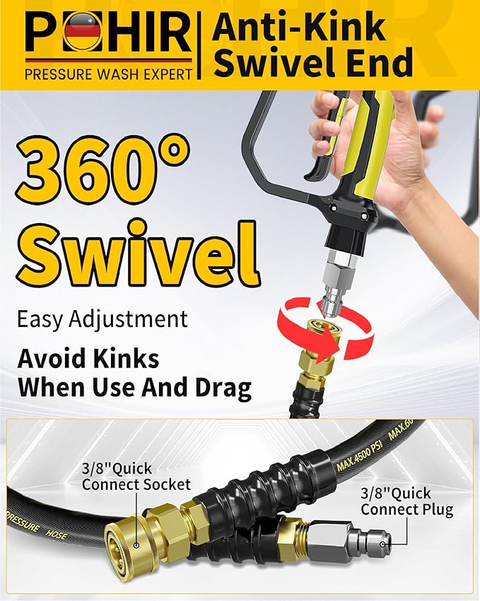 POHIR 100FT Pressure Washer Hose 4500PSI, Power Washer Hose Steel Wire Braided 3/8'' Swivel Quick Connect, 5/16'' ID. Commercial Grade Industrial High Pressure Water Washing Hose