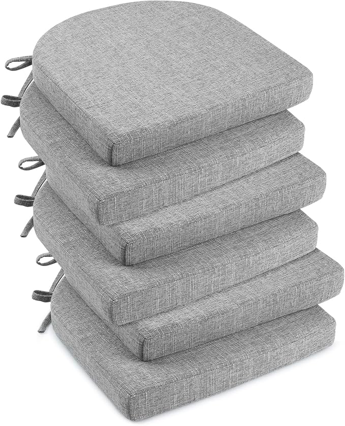 downluxe Indoor Chair Cushions for Dining Chairs, Soft and Comfortable Textured Foam Kitchen Chair Pads with Ties and Non-Slip Backing, 16" x 16" x 2", Light Grey, 6 Pack