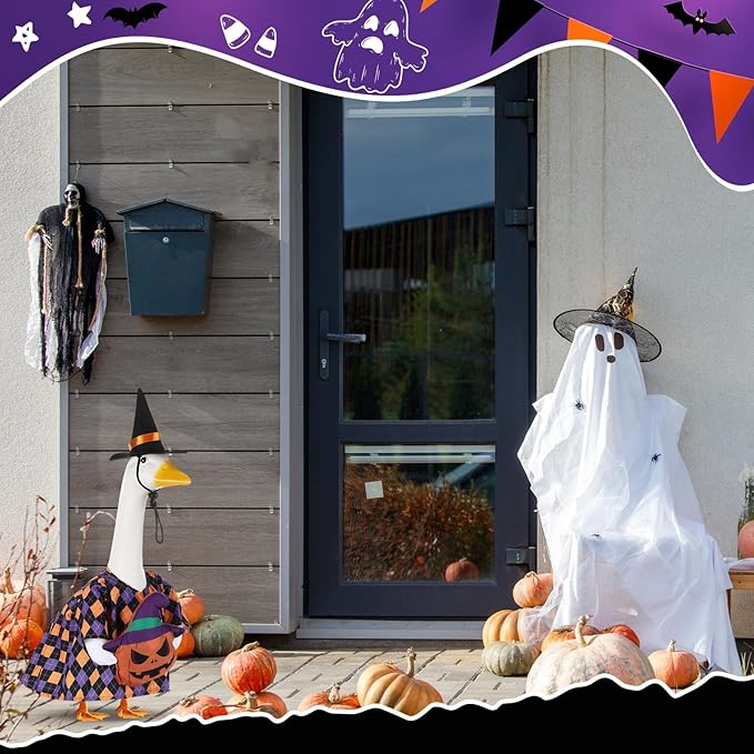 Sanwuta 1 Set Halloween Porch Goose Outfit Pumpkin Pillow Design with Witch Hat for 23" Lawn Cement Goose Porch Geese Clothes Costume for Halloween Garden Patio Yard Outdoor Decorations