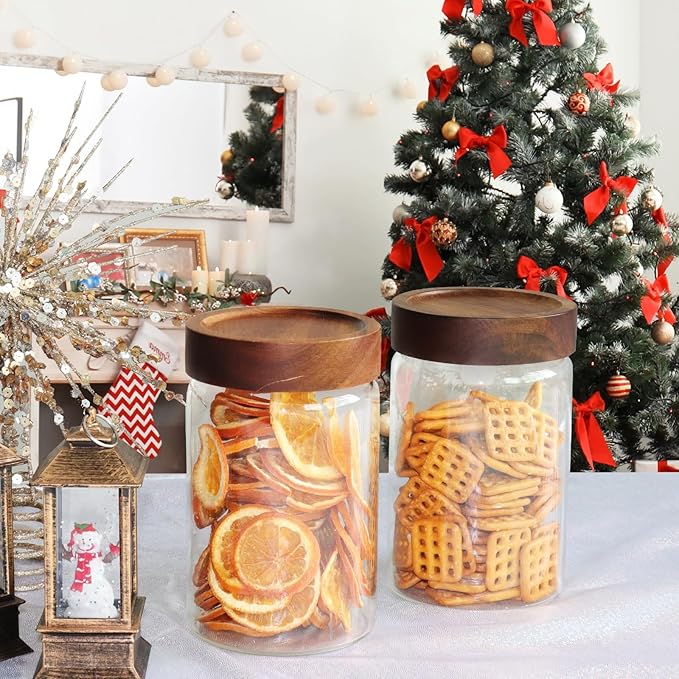 Airtight Glass Jars with Wooden Lid Glass Spice Jar Round Glass Storage Canister for Pantry Sugar Tea Coffee Bean Nuts Cookies Bath Salts (900ML*2PACK)