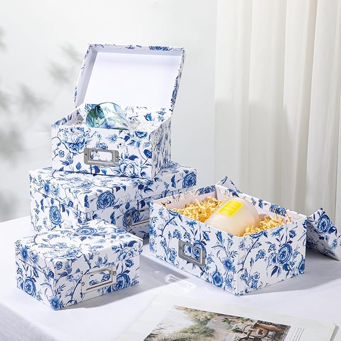 Briful Decorative Photo Storage Boxes with Lids, Set of 4 – Blue and White Porcelain Pattern, Nested Card Storage Box Organizer, Decorative Paperboard Box for Closet, Office, Gifts