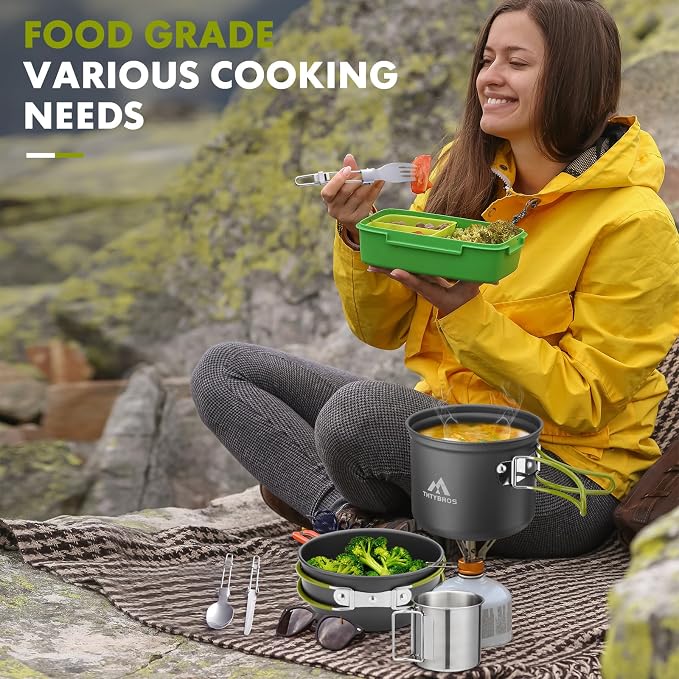 Camping Cookware Kit Backpacking, 0.33Gal Pots and 0.17Gal Pans Set,0.08Gal SUS304 Cup, Forks Knives Spoons for Hiking,Camping,Outdoor Cooking,Picnic,Solo Camping cookware
