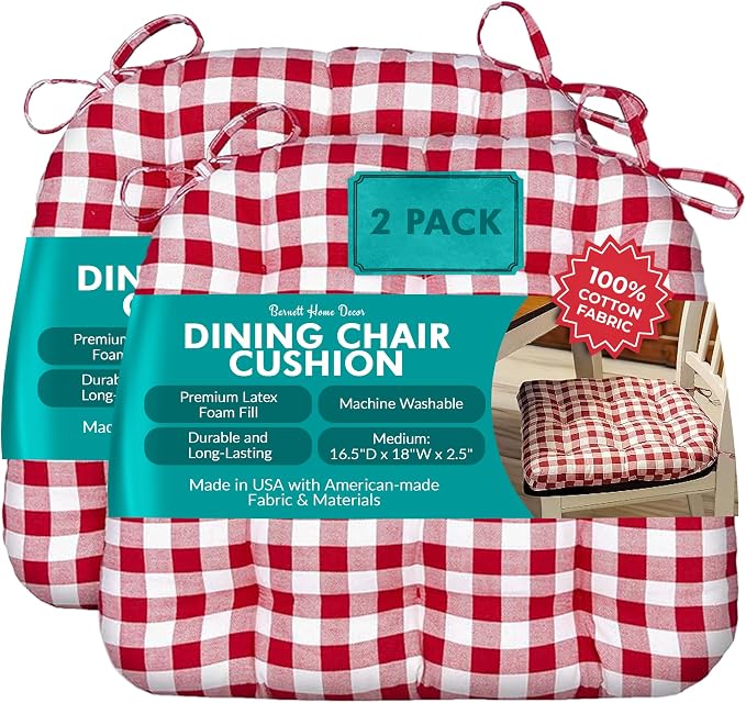 Barnett Home Decor Dining Chair Cushions with Ties - Size Medium 16.5x18, Latex Foam Fill, 100% Cotton, Machine Washable Chair Pads for Kitchen, Made in USA (Classic Check Red/Pack of 2)
