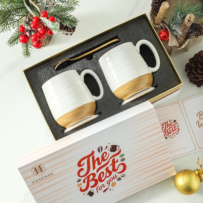 HASENSE Ceramic Couple Coffee Mug Gift Set, 20oz Mugs Set of 2 with Glaze Coasters & Gold Spoons |Unique Engagement, Bridal Shower, Wedding & Housewarming Gift for Newly Engaged, Bride and Groom White