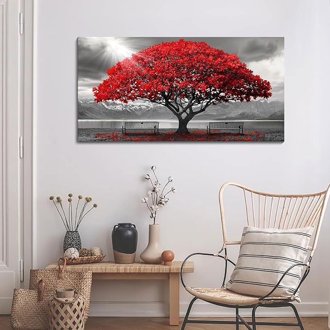 AJAZIKO Red Wall Art - Modern Framed Wall Art for Living Room - Red Tree Black and White Landscape Canvas Prints Posters & Prints for Home Office Bedroom Decorations - Large Wall Pictures 24×48IN