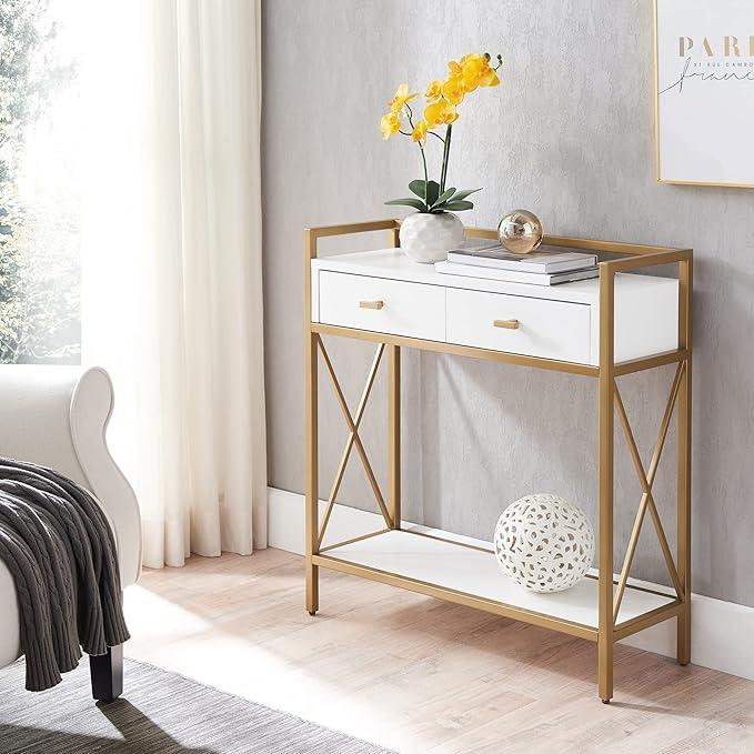 Leick Home 9231-WTGL Claudette Mixed Metal and Wood Hall Stand with Shelf, White/gold