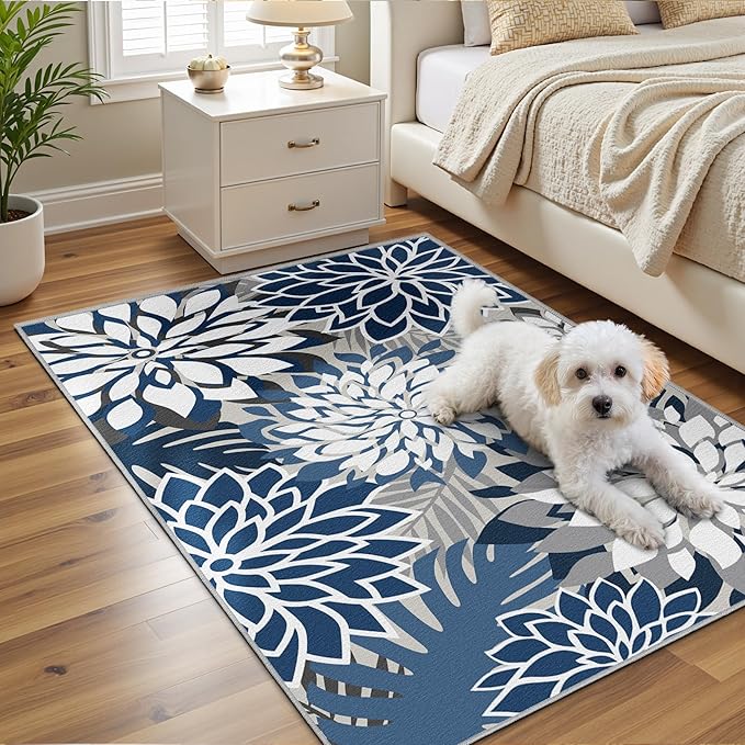 Area Rug 3x5 Blue White Washable Entry Rug Multicolored Tropical Botanical Modern Floral Indoor Kitchen Door Mat Entrance Carpet Non Slip for Bedroom Living Room, Porch