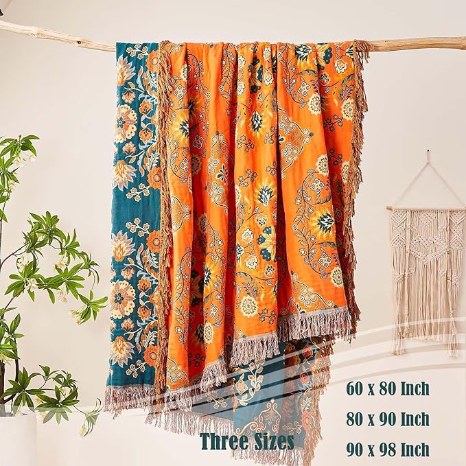 Boho Throw Blanket, 100% Cotton Ultra Soft Luxury Throw Rustic Quilt, 60"x80" Floral Printed Farmhouse Decor Bed Summer Blankets, All Season Rustic Reversible Bohemian Throw for Bed - Orange