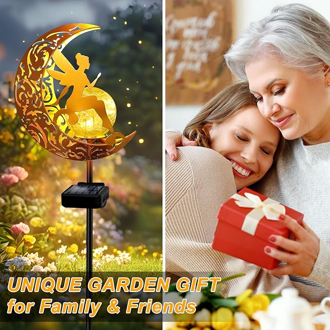 YJFWAL Garden Solar Lights Pathway Stake Lights Moon Fairy Glass Globe with Angel Decor, Gifts for Mom Grandma Friends, Outdoor Decor Light Waterproof for Walkway, Yard, Patio or Garden (Warm White)