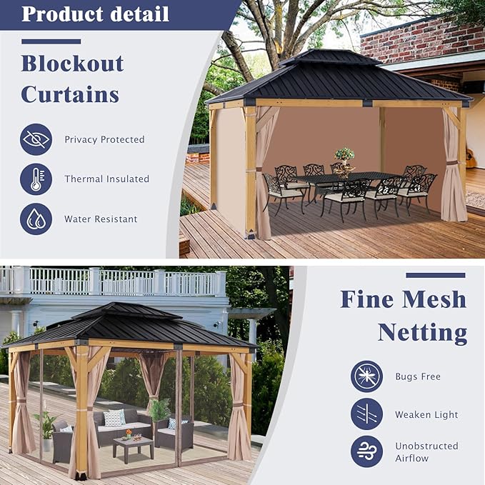 CHARMELEON 10'x12' Wood Gazebo,Patio Cedar Wood Gazebo with Mosquito Netting and Curtains, Galvanized Steel Hardtop Pavilion for Outdoor, Garden, Deck