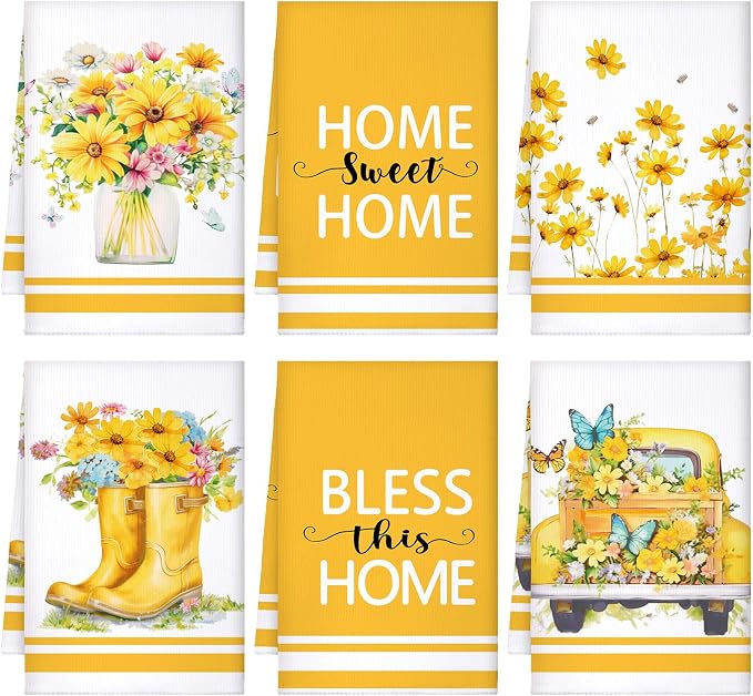 Boyiee Set of 6 Yellow Flower Kitchen Towels Decorative Floral Tea Towels Absorbent Home Dish Towels 24 x 16 Inch Truck Reusable Hand Towel Housewarming Gift for Farmhouse Kitchen Bathroom Decoration