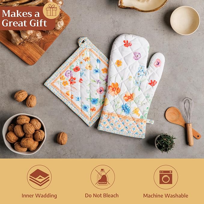 Maison d'Hermine Oven Gloves 100% Cotton Oven Mitt (7" x 13", Pack of 1) | With Loop Heat Resistant BBQ Cooking Gloves Baking Grilling Kitchen Handling Hot Pans Spring Summer - Summer Whisper