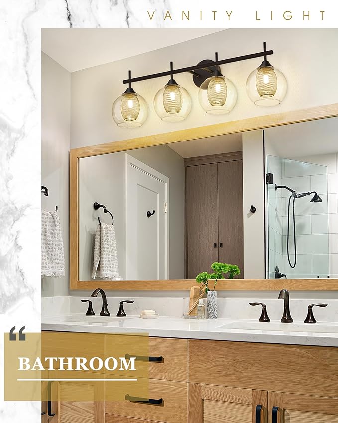Bathroom Light Fixtures, 4-Light Black and Gold Vanity Lights Over Mirror, 30inch Farmhouse Wall Sconce Lighting with Clear Glass and Honeycomb Metal Shade, AD-22001-4W-BK