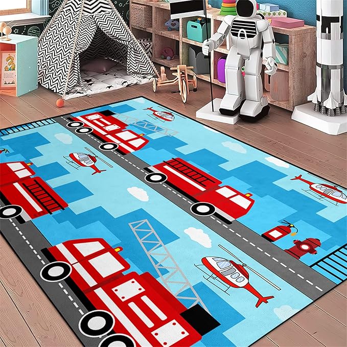Car Rug Play Mat Car Rug Play Mat Car Rug for Boys Room Fire Fighting Truck Red Car Printed Rug Play Rug for Cars and Trucks Play Rugs for Kids Rooms,Light Blue 3'×5'