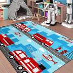 Car Rug Play Mat Car Rug Play Mat Car Rug for Boys Room Fire Fighting Truck Red Car Printed Rug Play Rug for Cars and Trucks Play Rugs for Kids Rooms,Light Blue 2'5''×4'