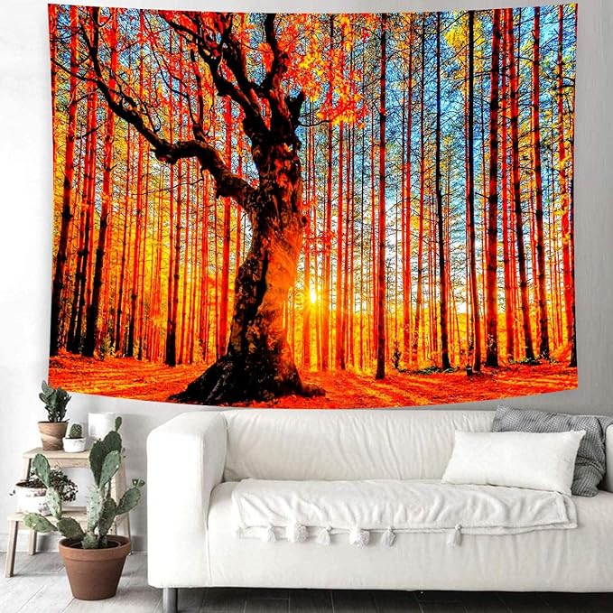 Delur Sunset Forest Tapestry Tree of Life Tropical Rainforest Landscape Tapestry Wall Hanging Scenic Nature Woodland Natural Sunrise Headboard for Bedroom Living Room Home Decor (59.1" x 78.7")