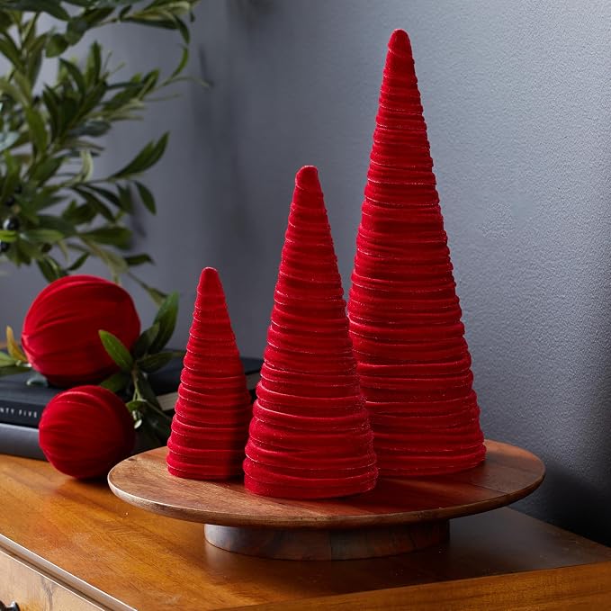 Your Heart's Content Red Velvet Trees Set of 3, Winter Wedding Centerpiece, Valentine Tabletop Tree Decor, Cozy Handmade Romantic Home Decor, Bookshelf Accent, Gift for (Red)