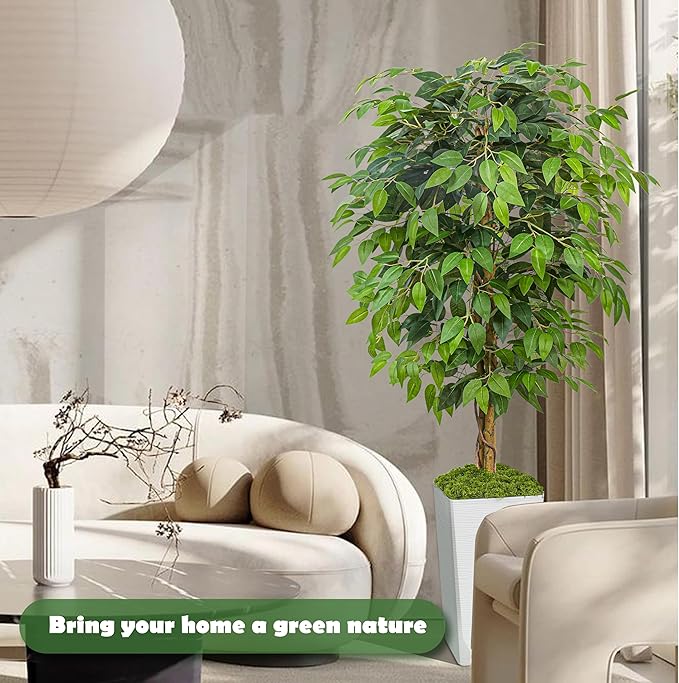 Artificial Ficus Tree 5FT Faux Floor Tree with Planter UV Resistant Potted Fake Silk Plant, Real Wood Trunk-Indoor Outdoor Lifelike Fake Ficus Tree for Home, Living Room Bedroom Topiary Tree