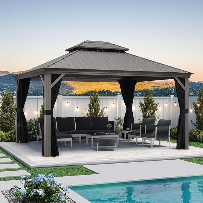 PURPLE LEAF 12' X 14' Patio Hardtop Gazebo Aluminum Outdoor Gazebo with Double Galvanized Steel Roof for Deck Backyard All Weather Outdoor Pavilion Curtain and Netting Included, Light Grey