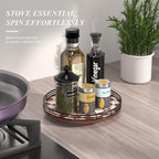 AMH 10-Inch Brown Checkerboard Lazy Susan Organizer with Black Metal Rail | Smooth rotating oak tray with walnut finish for dining tables, kitchen counters, pantries and cabinet storage.