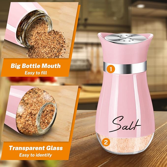 Salt and Pepper Shakers - 4 oz Pink Glass Set with Stainless Steel Lids | Refillable Glass Shakers with Stainless Steel Lids for Cooking, Dining, RV Trips, Camping and BBQs; 4 oz Capacity Each.