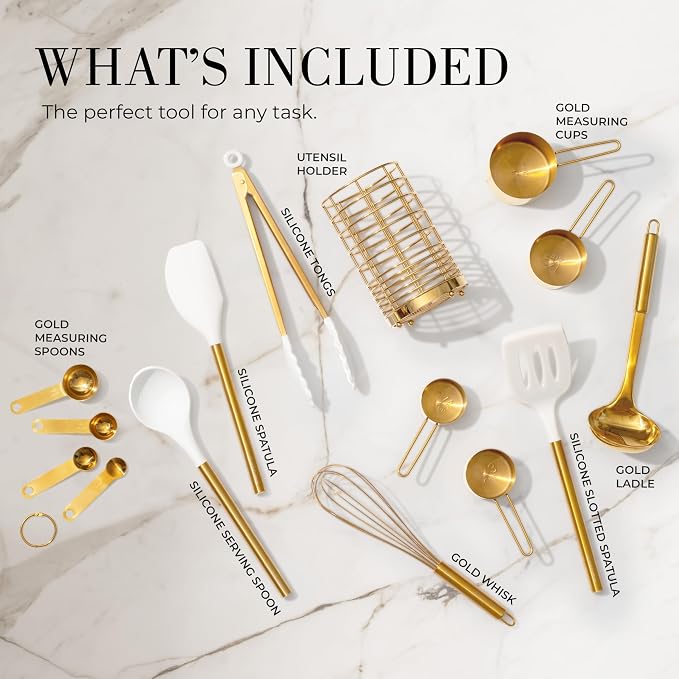 Styled Settings White and Gold Kitchen Utensils Set with Holder, 15-Piece | Nonstick BPA-Free Silicone Cooking Utensils with Measuring Cups and Spoons - Luxury Kitchen Accessories for Stylish Cooking