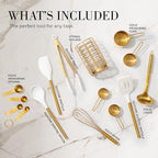 Styled Settings White and Gold Kitchen Utensils Set with Holder, 15-Piece | Nonstick BPA-Free Silicone Cooking Utensils with Measuring Cups and Spoons - Luxury Kitchen Accessories for Stylish Cooking