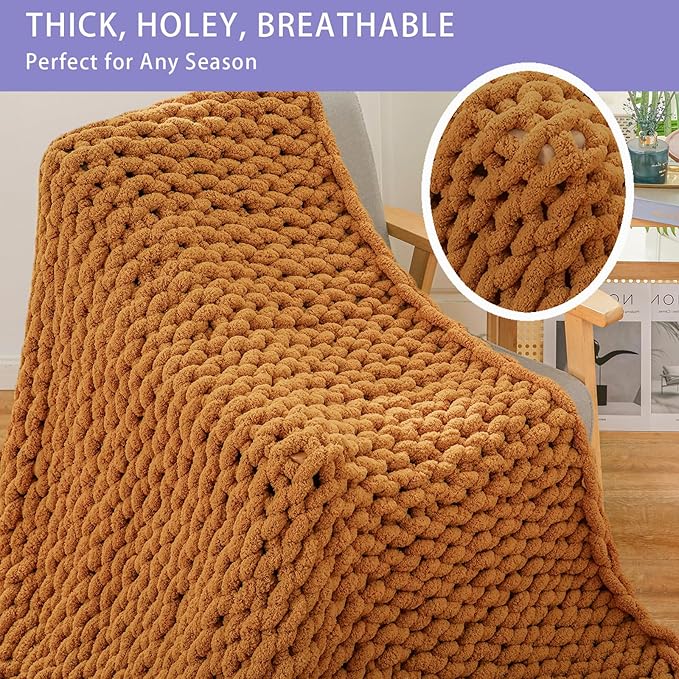 Bigacogo Chunky Knit Throw Blanket for Couch, 40x60 inches, 100% Hand Knitted with Thick Jumbo Chenille Yarn, Cozy Soft Large Rope Knot Cable Crochet Blankets for Sofa Bed Living Room, Burnt Orange