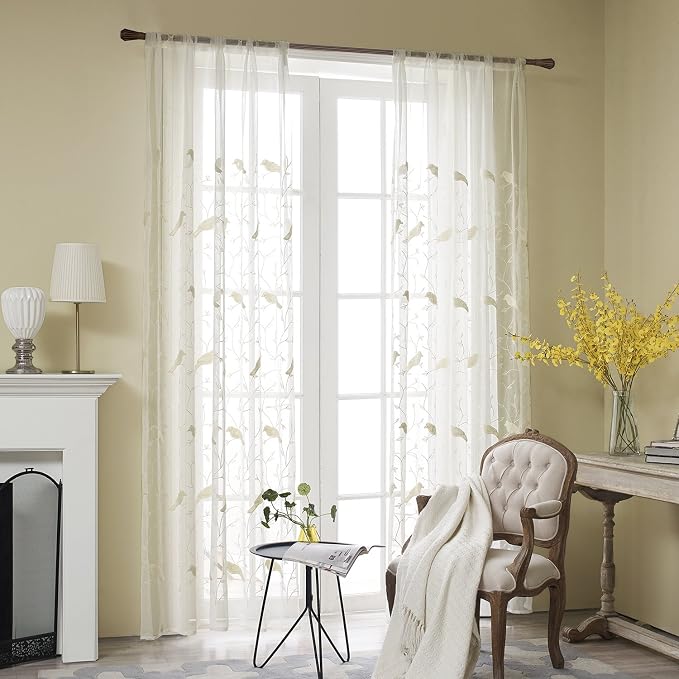 Beige Bird Embroidered Sheer Curtains, 59 x 79, 2 Panels | Country Home Style, Lightweight Voile Fabric, Filters Natural Light, for Living Room and Dining Room